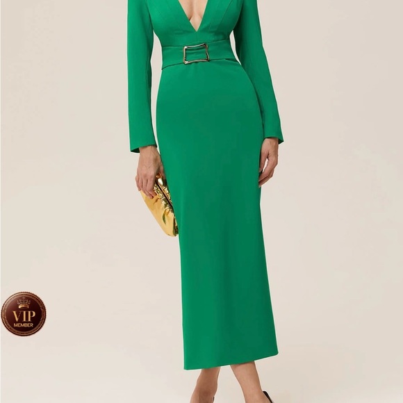 Green Deep V Neck Long Sleeve Sheath Maxi Dress - Picture 4 of 8